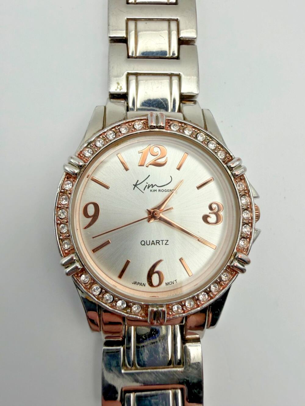 Kim Rogers Women's Silver & Rose Gold Tone Link Bracelet Quartz Watch – Working!